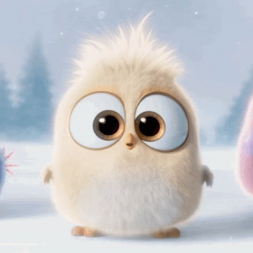 A Cartoon Bird With Big Eyes Is Standing In The Snow Looking At The Camera GIF