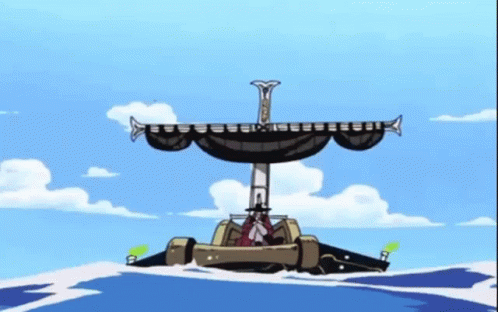 A Cartoon Boat Is Floating On Top Of A Body Of Water With A Blue Sky In The Background . GIF