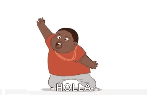A Cartoon Boy Is Dancing With His Hand In The Air And The Word Holla Is On The Bottom . GIF