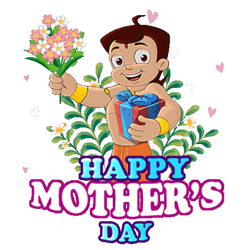 A Cartoon Boy Is Holding Flowers And A Gift In Front Of A Sign That Says Happy Mother 'S Day GIF