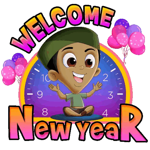 a cartoon boy is sitting in front of a clock with the words welcome new year