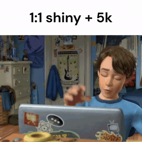 A Cartoon Boy Is Sitting In Front Of A Laptop With The Words 1 : 1 Shiny + 5K On The Bottom GIF