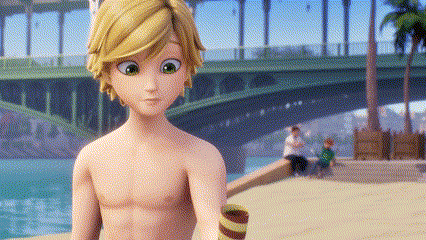 A Cartoon Boy Is Standing On A Beach Without A Shirt On . GIF
