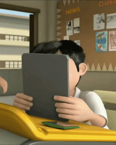 A Cartoon Boy Is Using A Tablet In Front Of A News Board GIF