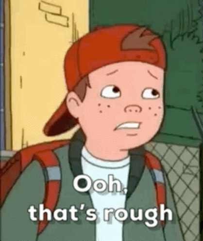 A Cartoon Boy Is Wearing A Red Hat And A Backpack And Says `` Ooh , That 'S Rough '' GIF