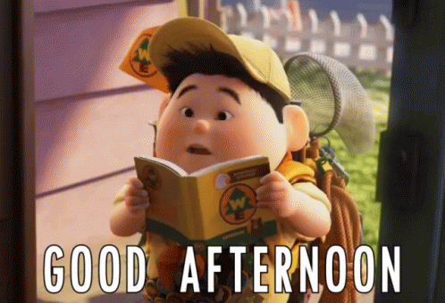 A Cartoon Boy Reading A Book With The Words " Good Afternoon " Written Below Him GIF