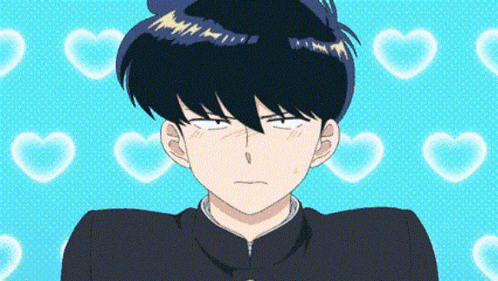 A Cartoon Boy With Black Hair Is Making A Funny Face In Front Of A Blue Background With Hearts . GIF