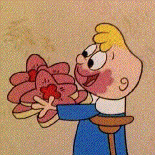 A Cartoon Boy With Crutches Is Holding A Bouquet Of Pink Flowers . GIF