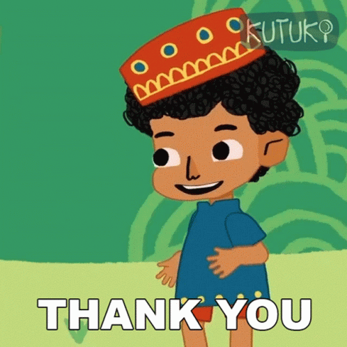 A Cartoon Boy With Curly Hair Wearing A Red Hat Says Thank You GIF