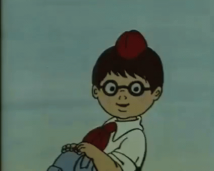 A Cartoon Boy With Glasses Is Sitting On A White Winged Object . GIF