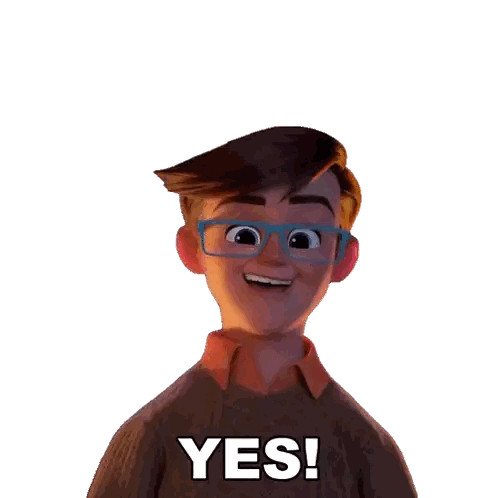 a cartoon boy with glasses says yes with his hands folded