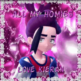 A Cartoon Boy With Purple Hair Is Standing In Front Of A Pink Background . GIF