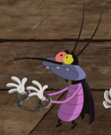 A Cartoon Bug Is Wearing Handcuffs And A Purple Outfit GIF