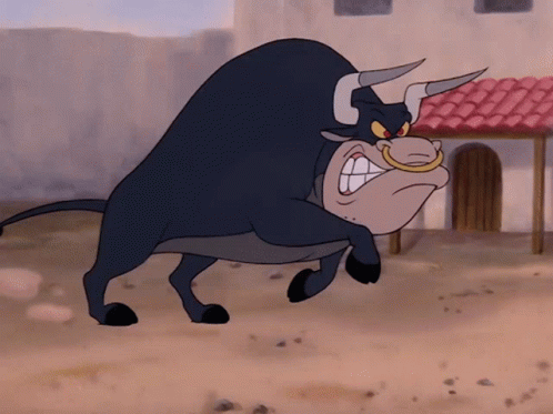 A Cartoon Bull Is Standing In Front Of A Building With A Red Roof GIF