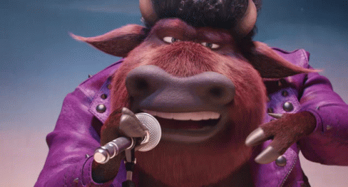 A Cartoon Bull Singing Into A Microphone Wearing A Purple Leather Jacket GIF