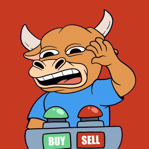 A Cartoon Bull With A Buy And Sell Button GIF