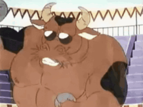 A Cartoon Bull With Horns Is Standing In A Stadium With A Dumbbell In His Hand . GIF