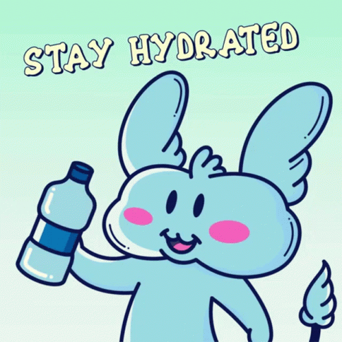 a cartoon bunny holding a bottle of water with the words stay hydrated