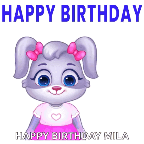 A Cartoon Bunny Holding A Bouquet Of Flowers With The Words Happy Birthday Mila GIF