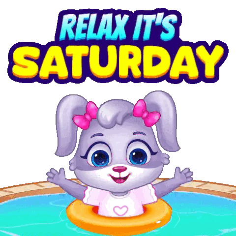 a cartoon bunny is floating in a pool with the words " relax it 's saturday " behind her