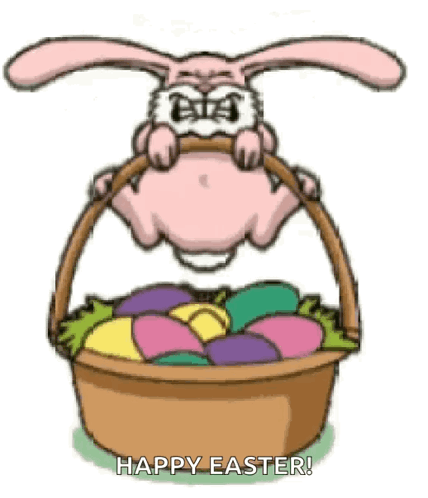 A Cartoon Bunny Is Holding A Basket Full Of Easter Eggs And Says `` Happy Easter '' . GIF