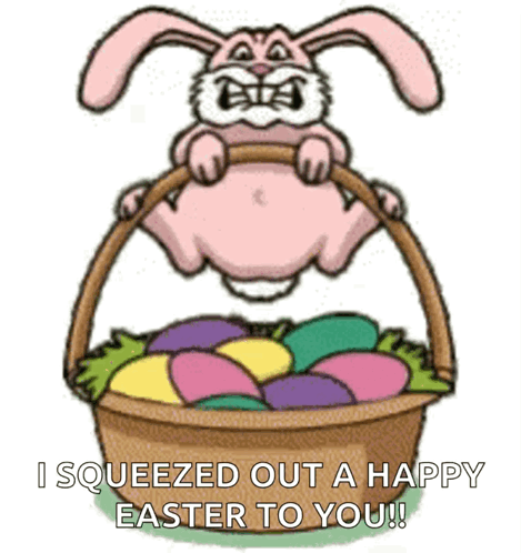 A Cartoon Bunny Is Holding A Basket Full Of Easter Eggs GIF