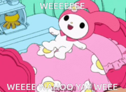 A Cartoon Bunny Is Laying On A Bed With The Words Weeeee Wahoo Yay Weeeee GIF
