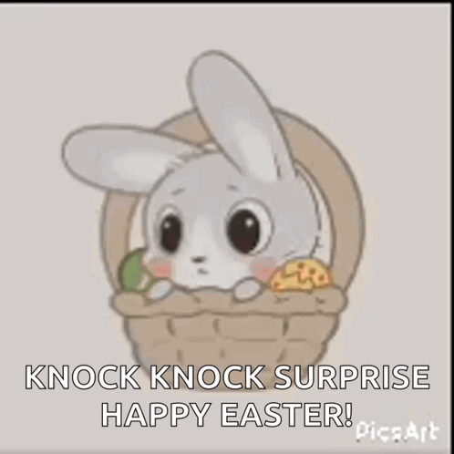 A Cartoon Bunny Is Sitting In A Basket With Eggs And Says `` Knock Knock Surprise Happy Easter '' . GIF