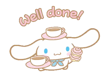 a cartoon bunny says well done while holding two cups