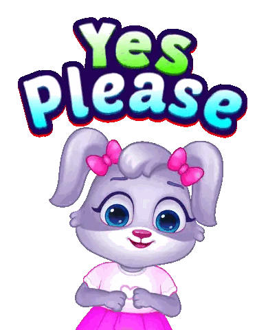 a cartoon bunny says yes please with a pink bow on her ears