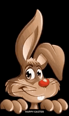 A Cartoon Bunny With A Red Nose And A Happy Easter Greeting . GIF