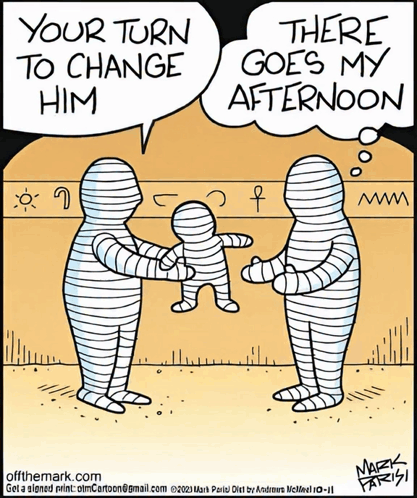 a cartoon by mark parisi shows two mummy holding a baby