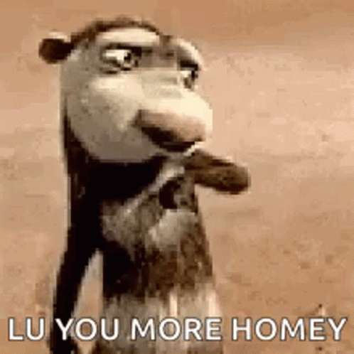 A Cartoon Camel Is Standing In The Desert With The Words `` Lu You More Homey '' Written On It . GIF