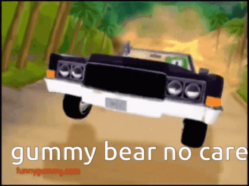 A Cartoon Car Is Driving Down A Dirt Road With The Words Gummy Bear No Care On The Bottom GIF