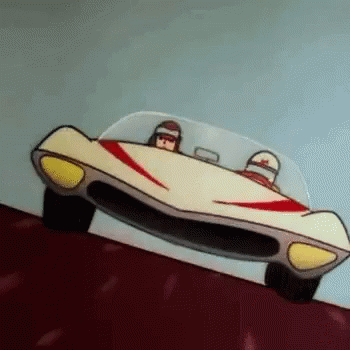 A Cartoon Car Is Driving Down A Hill With Two People In It . GIF