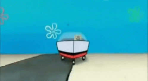 A Cartoon Car Is Driving Down A Road Next To A Spongebob Squarepants Character . GIF