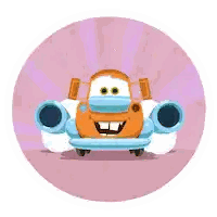 a cartoon car is wearing a face mask and smiling .