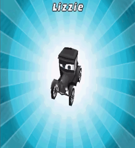 A Cartoon Car With The Name Lizzie On The Top GIF