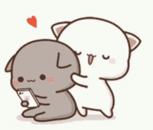 A Cartoon Cat And A Dog Are Hugging Each Other While The Dog Is Holding A Cell Phone . GIF