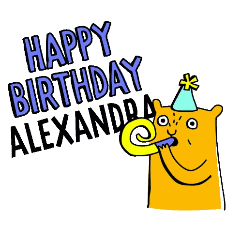 a cartoon cat blowing a party horn with the words happy birthday alexandra above it