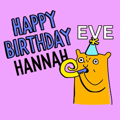 A Cartoon Cat Blowing A Party Horn With The Words Happy Birthday Eve Hannah Below It GIF
