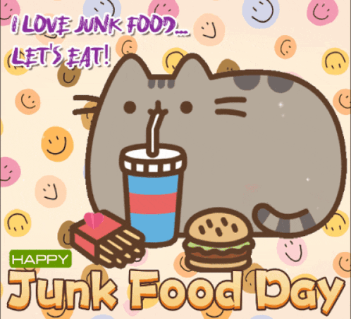 A Cartoon Cat Drinking A Soda And Eating A Hamburger On Junk Food Day GIF