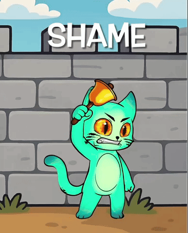 A Cartoon Cat Holding A Bell In Front Of A Sign That Says " Shame " GIF