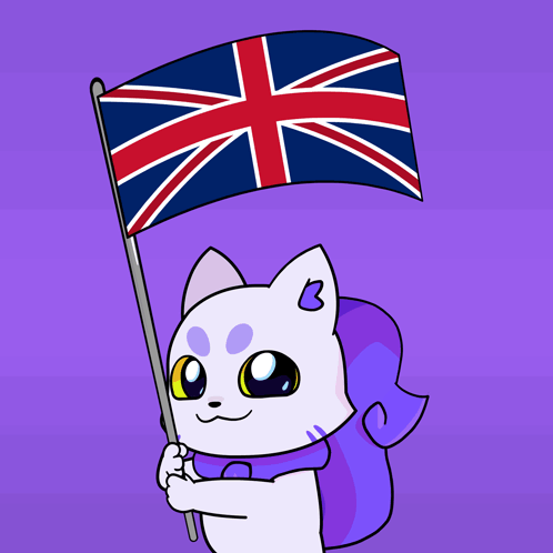 A Cartoon Cat Holding A British Flag With The Letter B On Its Head GIF
