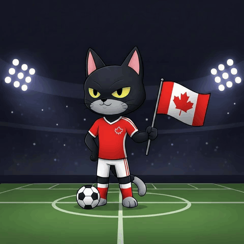 a cartoon cat holding a canadian flag on a soccer field