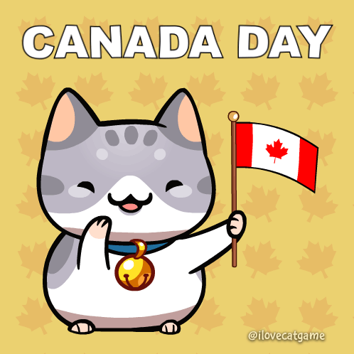a cartoon cat holding a canadian flag with the words canada day above it