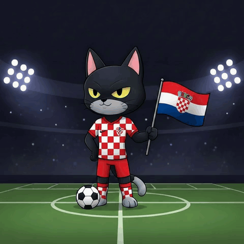 a cartoon cat holding a croatian flag and a soccer ball