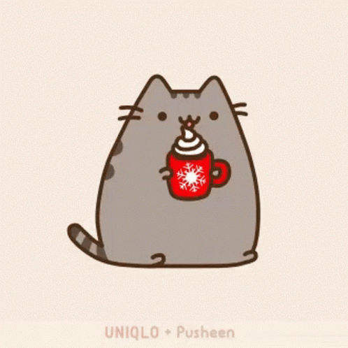 A Cartoon Cat Holding A Cup Of Hot Chocolate With Snowflakes On It GIF