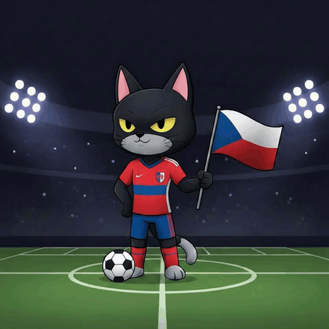 a cartoon cat holding a czech flag and a soccer ball