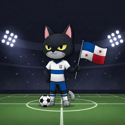 a cartoon cat holding a flag and a soccer ball on a field